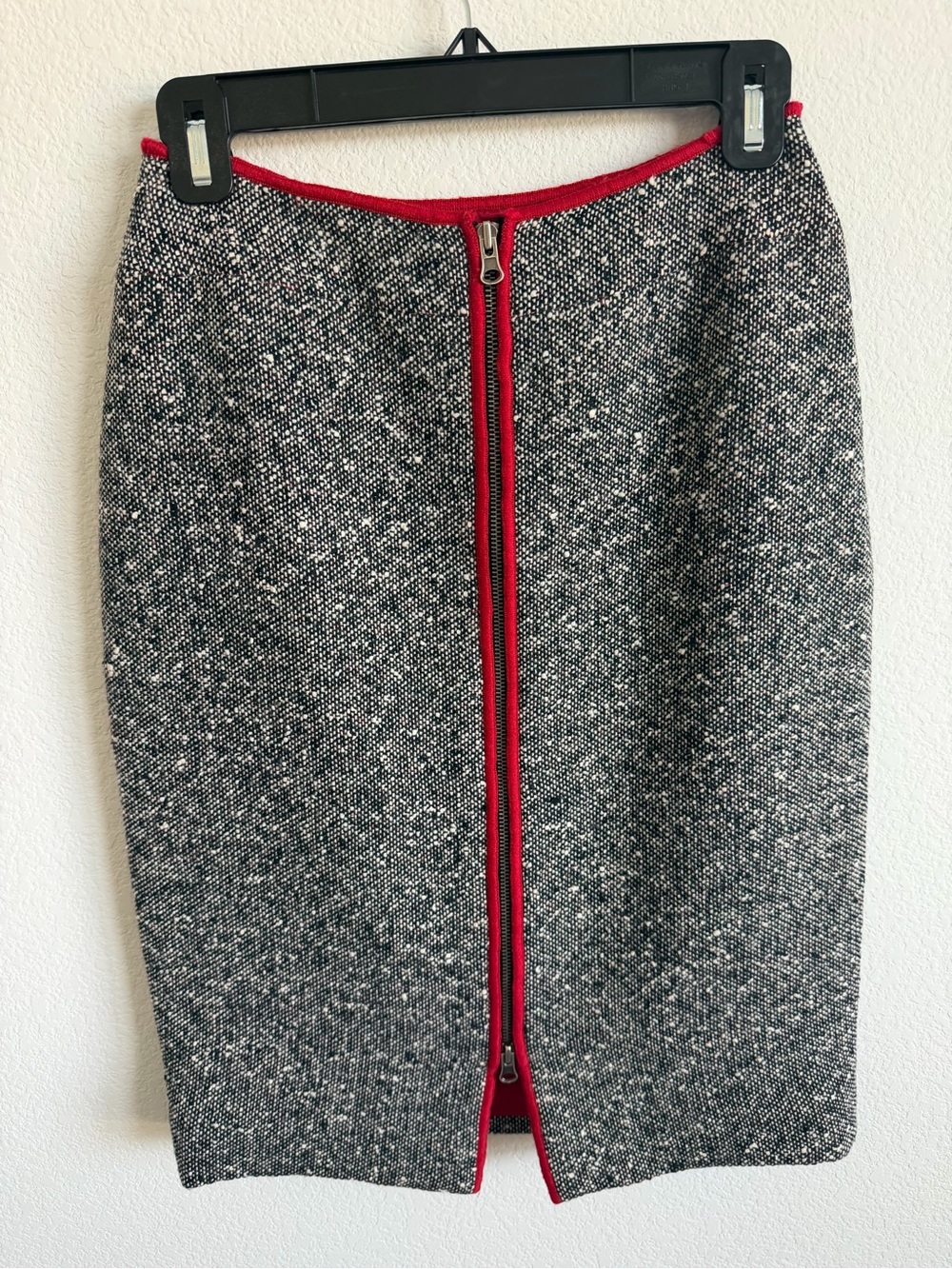 Carlisle Gray Tweed Pencil Skirt with Red Zip Trim